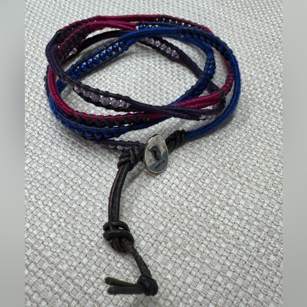 CHAN LUU Woven, Crystal Beaded & Leather Wrap Bracelet Adjustable